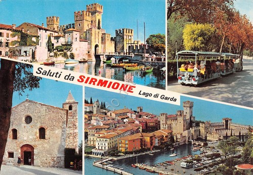 Cartolina Sirmione vedute varie lago chiesa trenino (Brescia)
