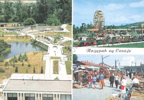 Cartolina Skopje vedute varie ruota giardini mercato anni '80