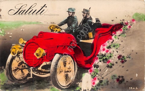 Cartolina Soldati su auto colorata spedita da Torino 1916