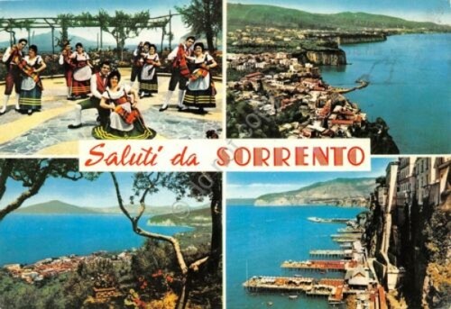 Cartolina Sorrento vedute balli abiti tradizionali 1968 (Napoli)