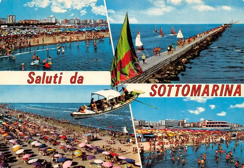 Cartolina Sottomarina 4 vedute spiaggia molo animata NVG (Venezia)