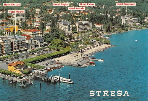 Cartolina Stresa veduta dall'alto degli alberghi Hotel con nome anni …