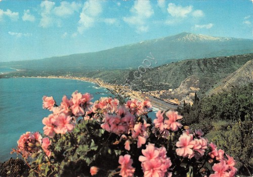 Cartolina Taormina con veduta dell'Etna e fiori