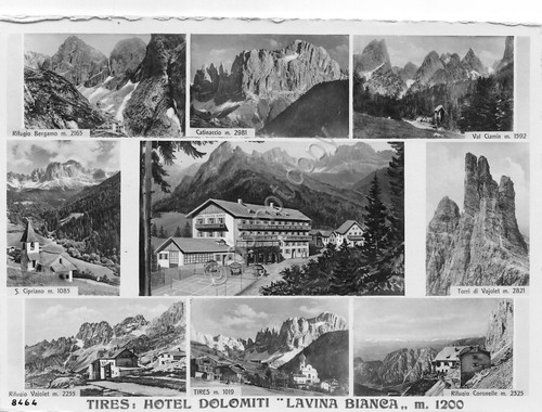 Cartolina Tires Hotel Dolomiti Lavina Bianca vedute 1937