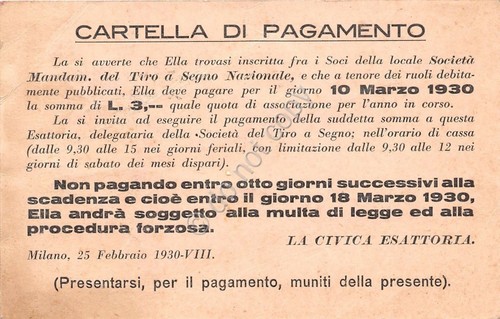 Cartolina Tiro a Segno Nazionale - Cartella di Pagamento - …