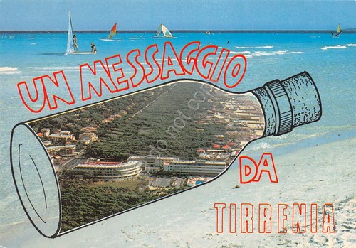 Cartolina Tirrenia cartolina grafica con messaggio in bottiglia panorama e …