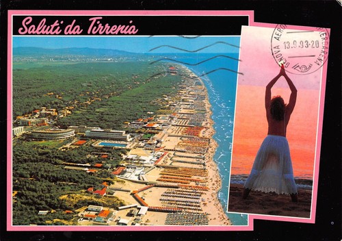 Cartolina Tirrenia grafica panorama aereo donna al tramonto 1993