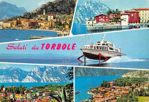 Cartolina Torbole vedute varie con freccia 1986 (Trento)