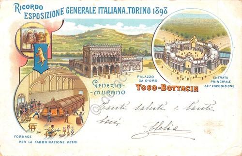 Cartolina Torino Esposizione 1898 Venezia Vetri Toso Bottacin illustrata