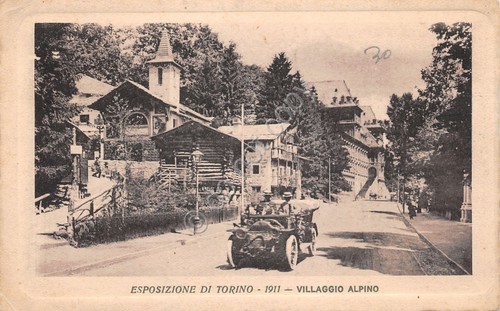 Cartolina Torino Esposizione 1911 - Villaggio Alpino auto d'epoca animata