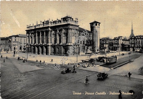 Cartolina Torino Piazza Castello Palazzo Madama Auto d'epoca tram vigile …