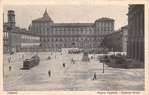 Cartolina Torino Piazza Castello Palazzo Reale tram animata 1928