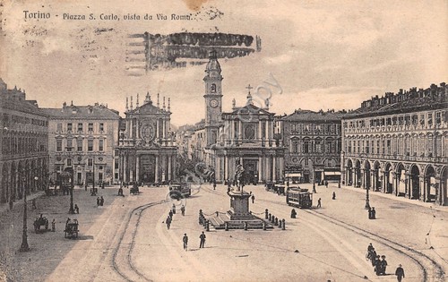 Cartolina Torino Piazza San Carlo vista da Via Roma Tram …