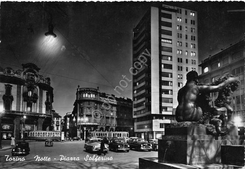 Cartolina Torino Piazza Solferino notturno 1953