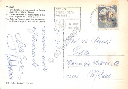 Cartolina Torino Torri Palatine Timbro a targhetta Correntista Ed SACAT …