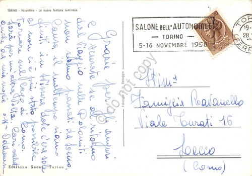 Cartolina Torino Valentino timbro a targhetta Salone automobile 1958 Ed. …