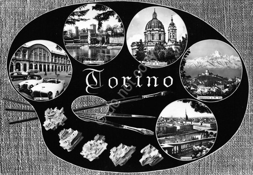 Cartolina Torino vedute su tavola da pittore