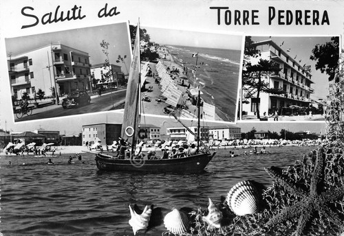 Cartolina Torre Pedrera vedutine spiaggia barca via 1959