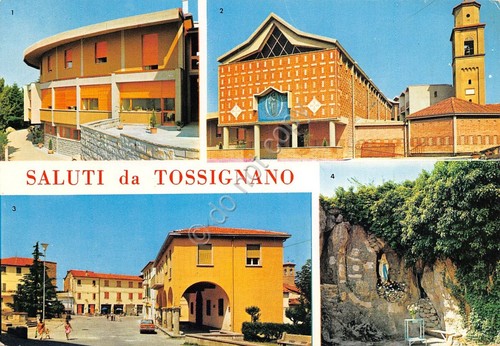 Cartolina Tossignano vedute Villa S. Maria Chiesa S. Michele Piazza …