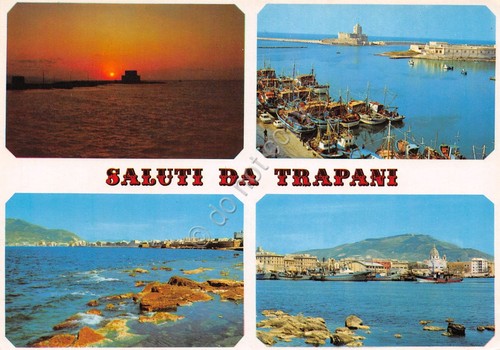 Cartolina Trapani vedute panorama e tramonto