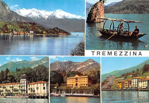 Cartolina Tremezzina vedute varie alberghi e case dal lago imbarcazione …