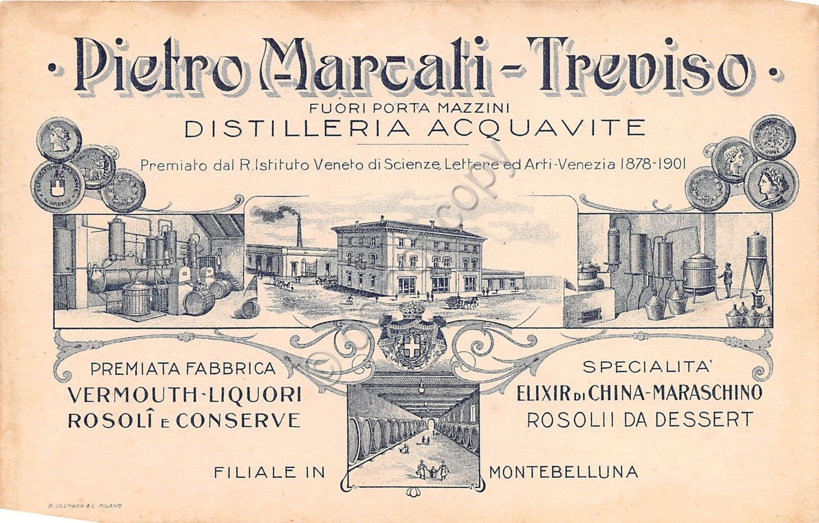 Cartolina Treviso Distillerie Pietro Marcati Illustrata