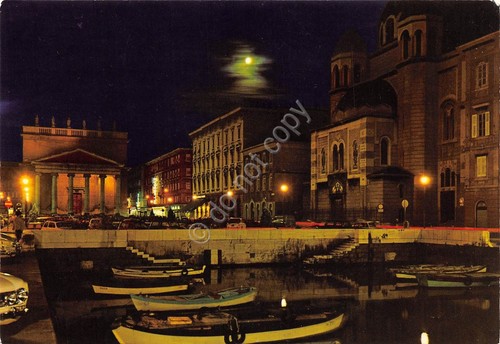 Cartolina Trieste canale notturno barche