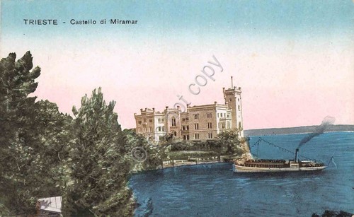 Cartolina Trieste Castello di Miramare con battello illustrata anni '30
