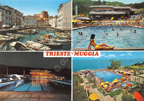 Cartolina Trieste Muggia Centro Soggiorno balneare piscina animata 4 vedute