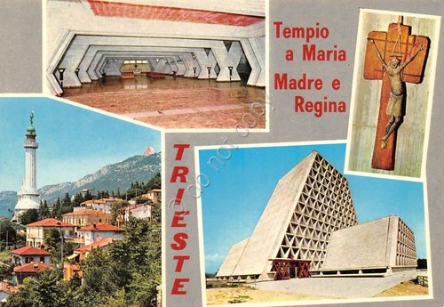 Cartolina Trieste tempio a Maria Madre e Regina 4 vedute