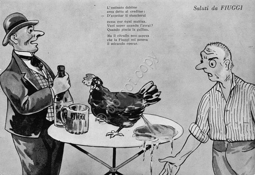Cartolina Umoristica Fiuggi debitore creditore gallina illustrata anni '50