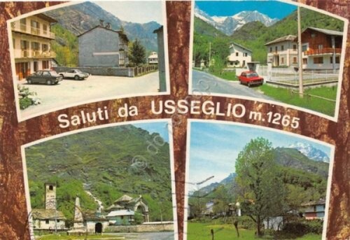 Cartolina Usseglio vedute paese auto d'epoca 1983 (Torino)