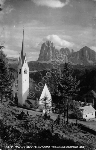 Cartolina Val Gardena San Giacomo verso Sassolungo 1951 Timbro Albergo