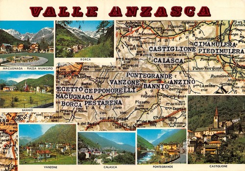 Cartolina Valle Anzasca vedute con mappa cartina stradale (Verbania)