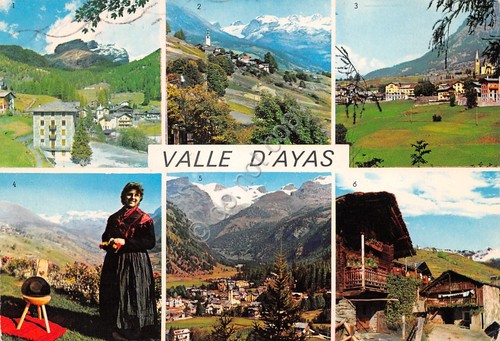 Cartolina Valle D'Ayas vedute varie costumi tradizionali 1983 (Aosta)
