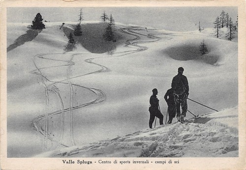 Cartolina Valle Spluga campi di sci sci sciatori animata 1948