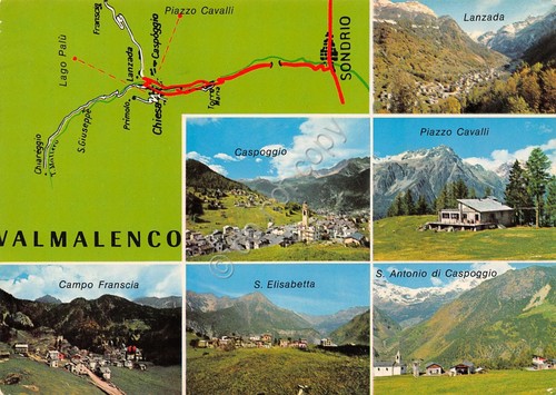 Cartolina Valmalenco vedute varie località e mappa (Sondrio)