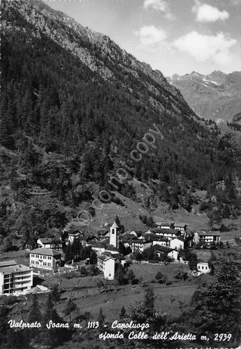 Cartolina Valprato Soana panorama paese e Colle dell'Arietta 1955
