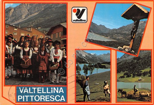Cartolina Valtellina vedute varie costumi tradizionali 1987