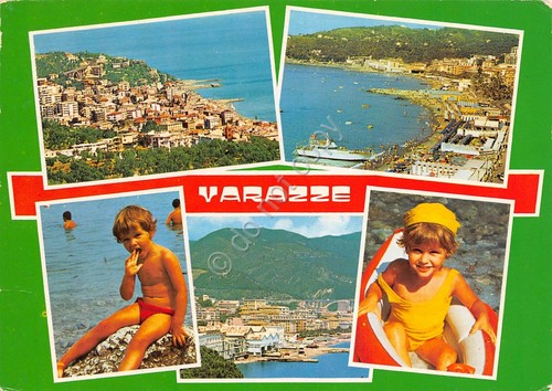 Cartolina Varazze vedute bambini spiaggia 1980 (Savona)
