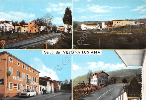 Cartolina Velo di Lusiana vedute del paese insegna SIP Alimentari …