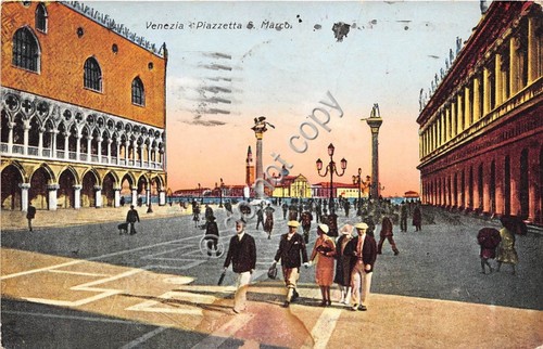 Cartolina Venezia Illustrata Piazzetta S. Marco animata abiti d'epoca 1933