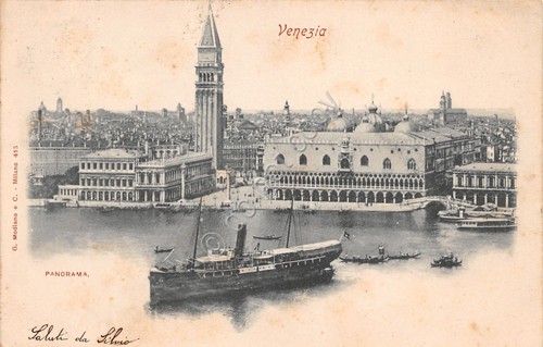Cartolina Venezia panorama bacino con nave primi '900