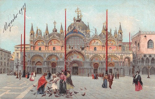 Cartolina Venezia Piazza San Marco animata illustrata 1909