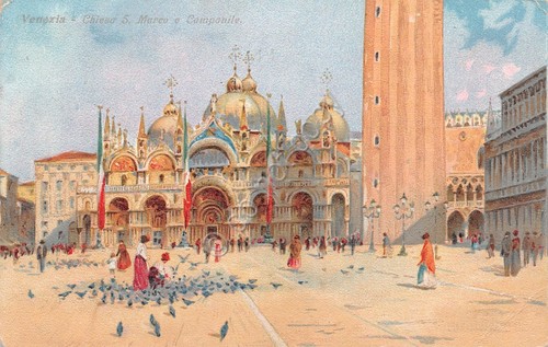 Cartolina Venezia Piazza san Marco e Campanile illustrata 1934