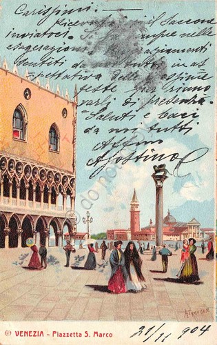 Cartolina Venezia Piazzetta san Marco illustrata Trevisan animata 1904