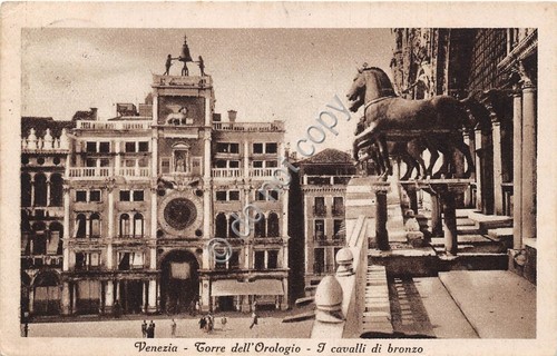 Cartolina Venezia Torre dell'Orologio Cavalli di Bronzo 1957