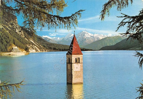 Cartolina Venosta Alta Campanile della Curon allagata (Bolzano)