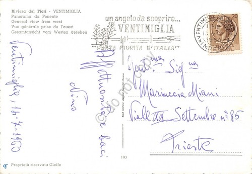 Cartolina Ventimiglia panorama da ponente timbro a targhetta Ventimiglia 1960