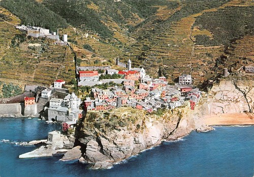 Cartolina Vernazza panorama aereo paese dal mare
